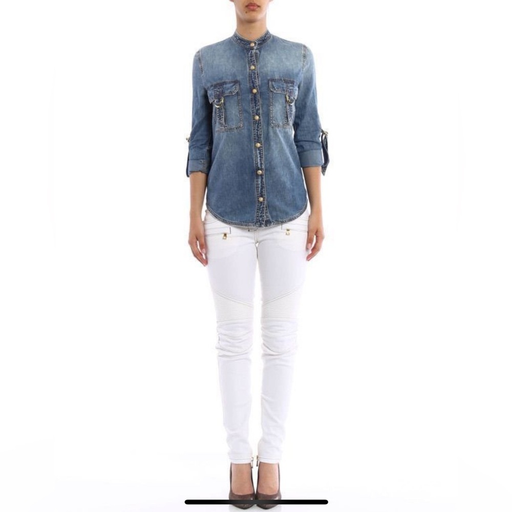 NWT BALMAIN Blue Denim Button Down Shirt with Gold Hardware, Size 4/36